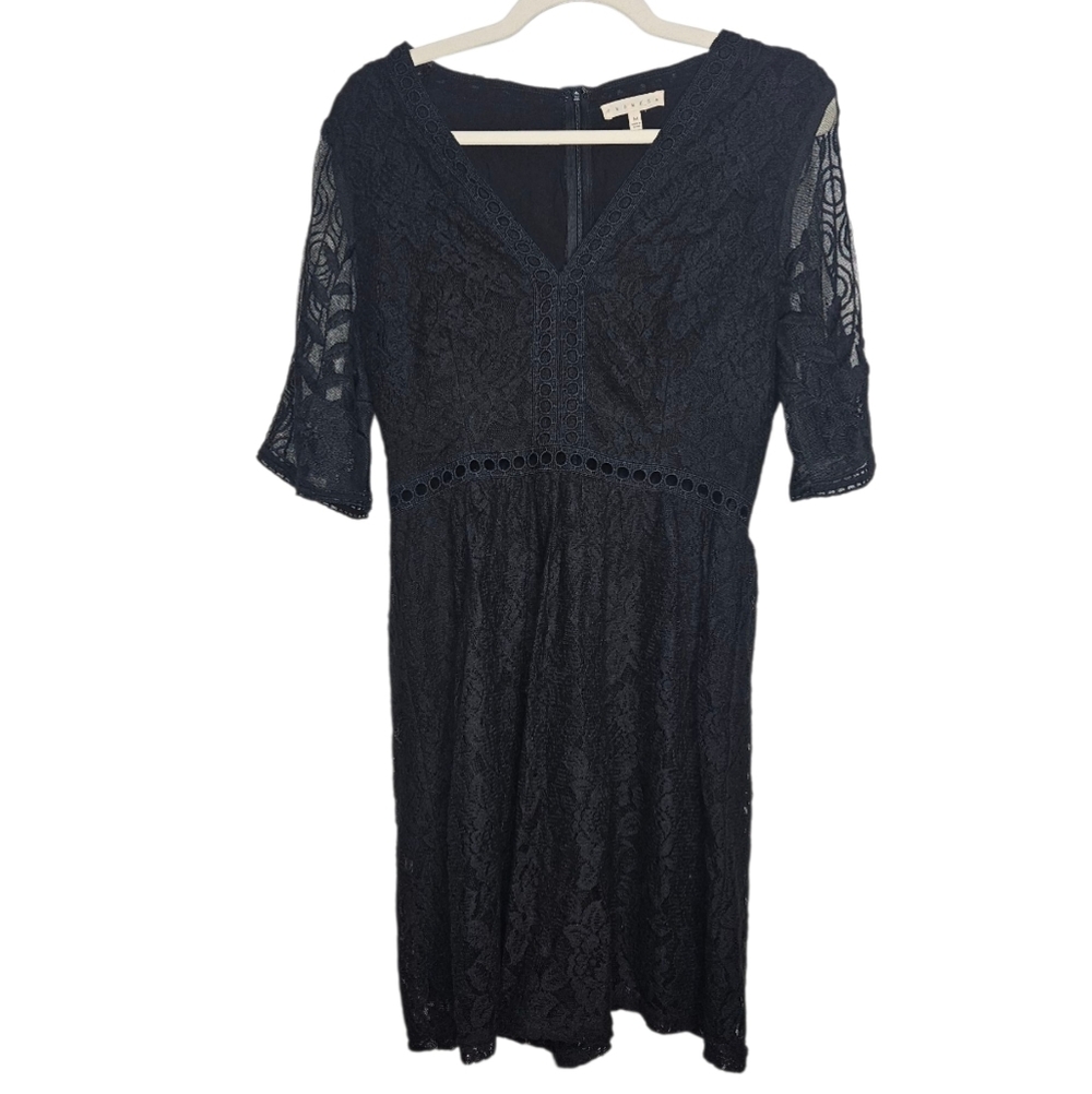 Promesa Black Lace Midi Dress, Size Medium, Elegant Semi-Sheer Sleeve, EUC